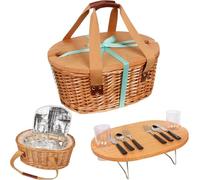 Hap Tim Juego de cesta de picnic de mimbre para 2 personas con mini mesa plegable de picnic de vino y bolsa térmica grande aislada y kits de servicio de cubiertos para 2 personas, regalos para