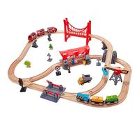 Hape Busy City Train Rail Set , Complete City-Themed Wooden Rail Toy Set for Toddlers with Passenger Train, Freight Train, Station, Play Figurines and More