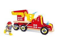 Hape Camión de Bomberos con iluminación y Sirena con Figura de Bombero - Coche de Juguete - Camión de Bomberos con Escalera giratoria y Accesorios - Juguete de Madera para niños a Partir de 2 años
