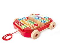 Hape Carro de Arrastre con Bloques Apilables, Promueve Habilidades Motoras, para Niños Desde 12 Meses