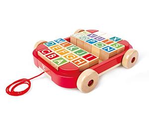 Hape Carro de Arrastre con Bloques Apilables, Promueve Habilidades Motoras, para Niños Desde 12 Meses