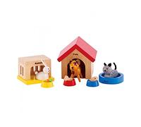 Mascotas Juego de Animales con Casa de Hape | Completa tu Casa de Muñecas de Madera con el Alegre Set de Perro, Gato y Conejo con Casas y Cuencos de Comida