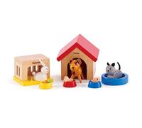 Hape Mascotas Juego de Animales con Casa Completa tu Casa de Muñecas de Madera con el Alegre Set de Perro, Gato y Conejo con Casas y Cuencos de Comida