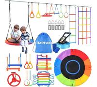 Hapfan Juego de columpio para niños de 15 m / 50 pies Ninja Slackline con polea, Ninja Parcours para jardín con columpio, estructura de escalada, red de escalada, escalera de gimnasio, anillo
