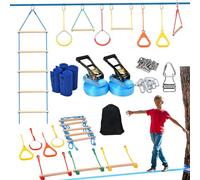 Hapfan - Juego de obstáculos, 15 m× 2 Slackline con 8 obstáculos para colgar mixtos, Slackline kit para colgar al aire libre, red y escalera, juego de barras, juego de barras, tirolesa