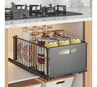 Hapihom Cajón telescópico, cajón extraíble, 37,5 x 24,5 x 19 cm, organizador de armario de cocina de acero al carbono, sin agujeros, organizador para cocina, despensa, armarios de cocina, despensa