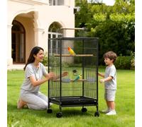 Hapihom Jaula para pájaros, 46 x 46 x 102 cm, formato grande, con techo de juego, soporte con ruedas y bandeja extraíble, aviario con 3 perchas, comedero y bebedero para periquitos canarios