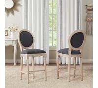 Haplized French Country - Juego de 2 taburetes de bar de madera de 26 pulgadas de altura con marco de madera maciza, respaldo alto, asiento tapizado de lino suave, estilo vintage, sin brazos, color