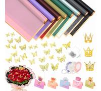HAPLOVE Juego de 80 hojas de papel de regalo de flores, 8 colores, impermeables, para ramo, color puro, borde dorado, papel de regalo, suministros de ramo de flores para boda
