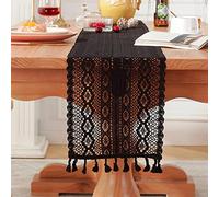 HAPMCH Camino de mesa de macramé de ganchillo negro con borla copetuda hecho a mano para boda, bohemio, camino de mesa de comedor, encaje vintage, granja, bohemio, decoración del hogar, 9 x 79 pulgadas