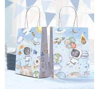 HAPPARTY 16 bolsas de regalo de fiesta de astronauta espacial azul para niño con calcomanías, 50 unidades, primer viaje alrededor del sol, bolsas de regalo para niños, dos la luna, cumpleaños, baby