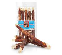 HAPPET Juego de 5 masticables para perros grandes de 25 cm, huesos de piel de vaca naturales envueltos en carne de pato, bocadillos dentales saludables