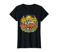 Happiness Is Your Birthright Retro Girasol Wildflower Camiseta gráfica económica, Mujer, Negro, L