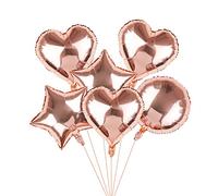 Happium Globos Redondos de Aluminio con Forma de Corazón, Estrella y Oro Rosa de 18", Paquete de 6, Globos Grandes con Rollo de Cinta de 10 m, Decoraciones para Fiestas