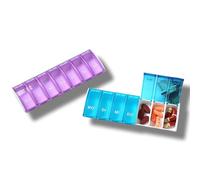 HAPPOW 2 cajas de medicamentos para 7 días, pastillero para 7 días, azul y morado, organizador semanal de tabletas, fácil de abrir, para vitaminas y medicamentos