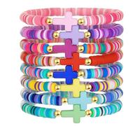 Happtkey 8 Piezas Pulseras con Cruz de Jesús, Estilo Bohemio Arcoíris Hechas de Arcilla Polimérica Elásticas con Cuentas Pulseras Hechas a Mano Joyería Religiosa Inspiradora Regalo para Mujer