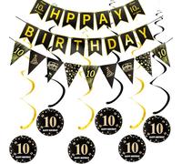 Happy 10th Birthday Banderas + Triángulo Banderas Happy 10th Birthday Guirnaldas + 10 años Cumpleaños Decoración Colgante Juego de Espirales, Negro Oro 10 años Cumpleaños Decoración para Niña Niño
