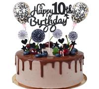 Happy 10th Birthday - Decoración para tarta de 10 años, diseño de 10 años, color negro con corazón y estrella, globo, purpurina, para 10 cumpleaños