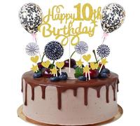 Happy 10th Birthday Tortendeko 10 Jahre junge mädchen Kuchendeko 10 Geburtstag Gold Schwarz Tortendeko 10 Geburtstag junge Tortendeko Gold mit Herz Stern Ballon Glitter Cake Topper für 10 Geburtstag