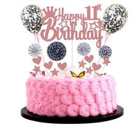 Happy 11th Birthday - Decoración para tarta de cumpleaños para niña, diseño de Hello 11, color oro rosa
