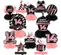 Happy 14th Birthday - Centro de mesa de panal de abeja de oro rosa y negro, decoración de mesa, decoración de mesa para niñas y mujeres, princesas de 14 años, fiesta de cumpleaños, suministros de fondo