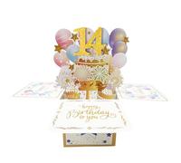 Happy 14th Birthday Pop Up Tarjeta para niña, 14 años de edad, idea de regalo de cumpleaños para hija sobrina, divertida tarjeta de felicitación 3D para 14 cumpleaños para ella