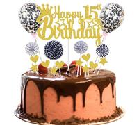 Happy 15th Birthday - Decoración para tartas de 15 años, diseño de 15 años, color dorado y negro