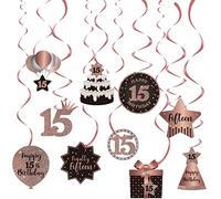 Happy 15th Birthday Hanging Swirls Streams Ceiling Decorations, Celebration 15 Foil Hanging Swirls with Cutouts for 15 Years Old Rose Gold Birthday Party Decorations Supplies