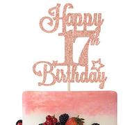 Happy 17th Birthday Cake Topper, Cheers to 17 Years, Hello 17, 17th Birthday Anniversary Party Decorations Rose Gold Glitter.