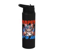 Happy 4th Of July American Flag Men Women 4th Of July Cat Stainless Steel Insulated Water Bottle