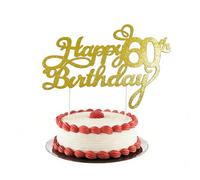 Happy 60th Birthday Cake Topper, Decoración Superior para Pastel Dorado Glitter, Decorativo para Mujeres y Hombres Fiesta de Cumpleaños Pastel