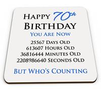 "Happy 70th Birthday" posavasos con días, horas, minutos y segundos de edad, en inglés, color de tinta azul y negro