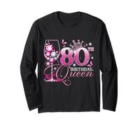 Happy 80th Birthday Queen Pink Wine 80 Years Old Women Manga Larga