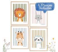 Happy Animals Wall Art Set - 4 adorables animales con marco de madera | Decoración para habitación infantil y de bebé | Set de cuadros premium en papel fotográfico 200 g/m²