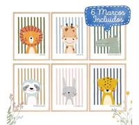 Happy Animals Wall Art Set: 6 adorables animales con marco de madera | Decoración para habitación infantil y de bebé | Set de cuadros premium en papel fotográfico 200 g/m²