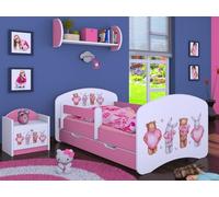 Happy Babies Cama infantil - con protección anti caídas Niño 140x70 Cama para dormitorio con cajón y colchón Cama individual para niños Blanco/Rosa Conejo Oso de peluche (Rosa) (Núm. 13)