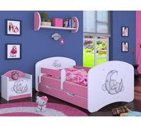 Happy Babies Cama infantil - con protección anti caídas, niño, 140x70, cama para dormitorio infantil con cajón y colchón, cama individual para niños, color blanco/rosa, conejo y oso de peluche (Rosa