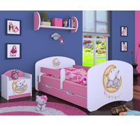 Happy Babies Cama infantil - con protección anti caídas Niño 140x70 Cama para dormitorio infantil con cajón y colchón Cama individual para niños Blanco/Rosa Conejo Oso de peluche (Rosa) (Núm. 15)