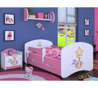 Happy Babies Cama infantil - con protección anti caídas para niños, 140x70, cama individual para dormitorio con cajón y colchón, diseño de conejo y oso de peluche, color blanco/rosa (Rosa) (Núm. 17)