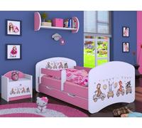 Happy Babies Cama infantil - con protección anti-caídas para niños, 140x70, cama individual para dormitorio con cajón y colchón, diseño de conejo y oso de peluche, color blanco/rosa (Rosa) (Núm. 16)