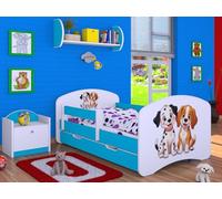 Happy Babies Cama infantil con protección anticaída para niños de 140 x 70 cm, con cajón y colchón, cama individual para niños, color blanco/azul, el perro y la policía, tema de perros (Nr 7)