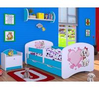 Happy Babies Cama infantil con protección anticaída para niños de 140 x 70 cm, con cajón y colchón, cama individual para niños, color blanco/azul, el perro y la policía, tema de perros (Nr 6)