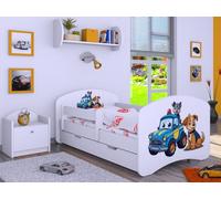 Happy Babies Cama infantil con protección anticaídas para niños, 140 x 70 cm, cama para habitación infantil con cajón y colchón, cama individual para niños, diseño de perros, lindas imágenes