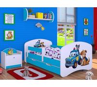 Happy Babies Cama infantil con protección anticaídas para niños de 140 x 70 cm, con cajón y colchón, cama individual para niños, color blanco/azul, el perro y la policía | tema de perros (Nr 2)