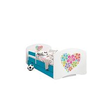 Happy Babies - CAMA PARA NIÑOS DE DOBLE CARA CON CAJÓN Diseño moderno con bordes seguros y colchón de espuma anticaída 7 cm Azul (04. Corazón de flores, 160x80)