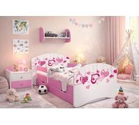 Happy Babies Cuna infantil con protección anticaída y cajón de cama para niñas 160 x 80 cm con colchón de 80 x 160 cm, color blanco rosa