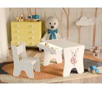Happy Babies - Juego de sillas de escritorio para niños, mesa de juegos ergonómica con cajón espacioso - Mesa de aprendizaje y juego para niños - Muebles infantiles para guardería - Conejo, niña