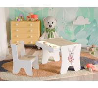 Happy Babies - Juego de sillas de escritorio para niños, mesa de juegos ergonómica con cajón espacioso - Mesa de aprendizaje y juego para niños - Muebles infantiles para guardería - Conejo, niña