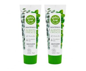 Happy Bio Dentífrico Aliento Fresco Sin Flúor Pack 2 Uds - Menta y Eucaliptus - Aliento Fresco y Protección Natural para Dientes y Encías - Pasta Dental Certificada Ecocert COSMOS 2 x 75 ml