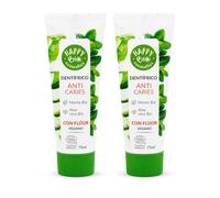 Happy Bio Dentífrico Anticaries con Flúor Pack 2 Uds - Menta y Aloe Vera - Protección Total contra las Caries - Pasta Dental Certificada Ecocert COSMOS Organic - Vegano - 2 x 75 ml